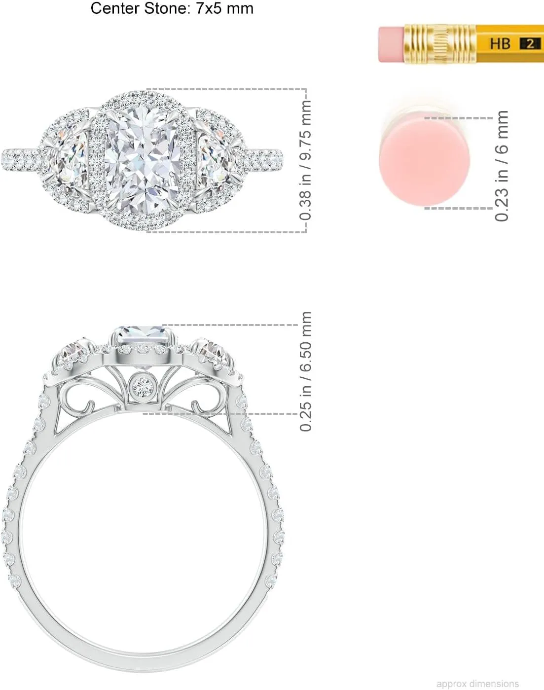 Angara Lab Grown Cushion and Half-Moon Diamond Halo Ring in Silver / 14K Solid Gold/Platinum | April Birthstone, Birthday, Engagement, Anniversary, Wedding Jewelry Gift for Women