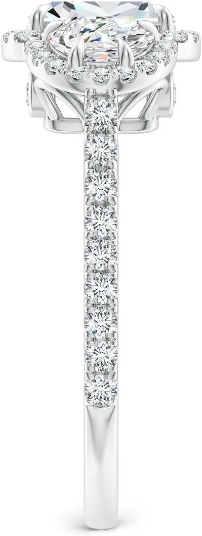 Angara Lab Grown Cushion and Half-Moon Diamond Halo Ring in Silver / 14K Solid Gold/Platinum | April Birthstone, Birthday, Engagement, Anniversary, Wedding Jewelry Gift for Women