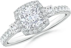 Angara Lab Grown Cushion Diamond Side Stone Halo Engagement Ring in Silver / 14K Solid Gold/Platinum | April Birthstone, Birthday, Anniversary, Wedding Jewelry Gift for Women