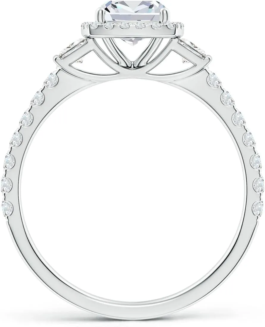 Angara Lab Grown Cushion Diamond Side Stone Halo Engagement Ring in Silver / 14K Solid Gold/Platinum | April Birthstone, Birthday, Anniversary, Wedding Jewelry Gift for Women