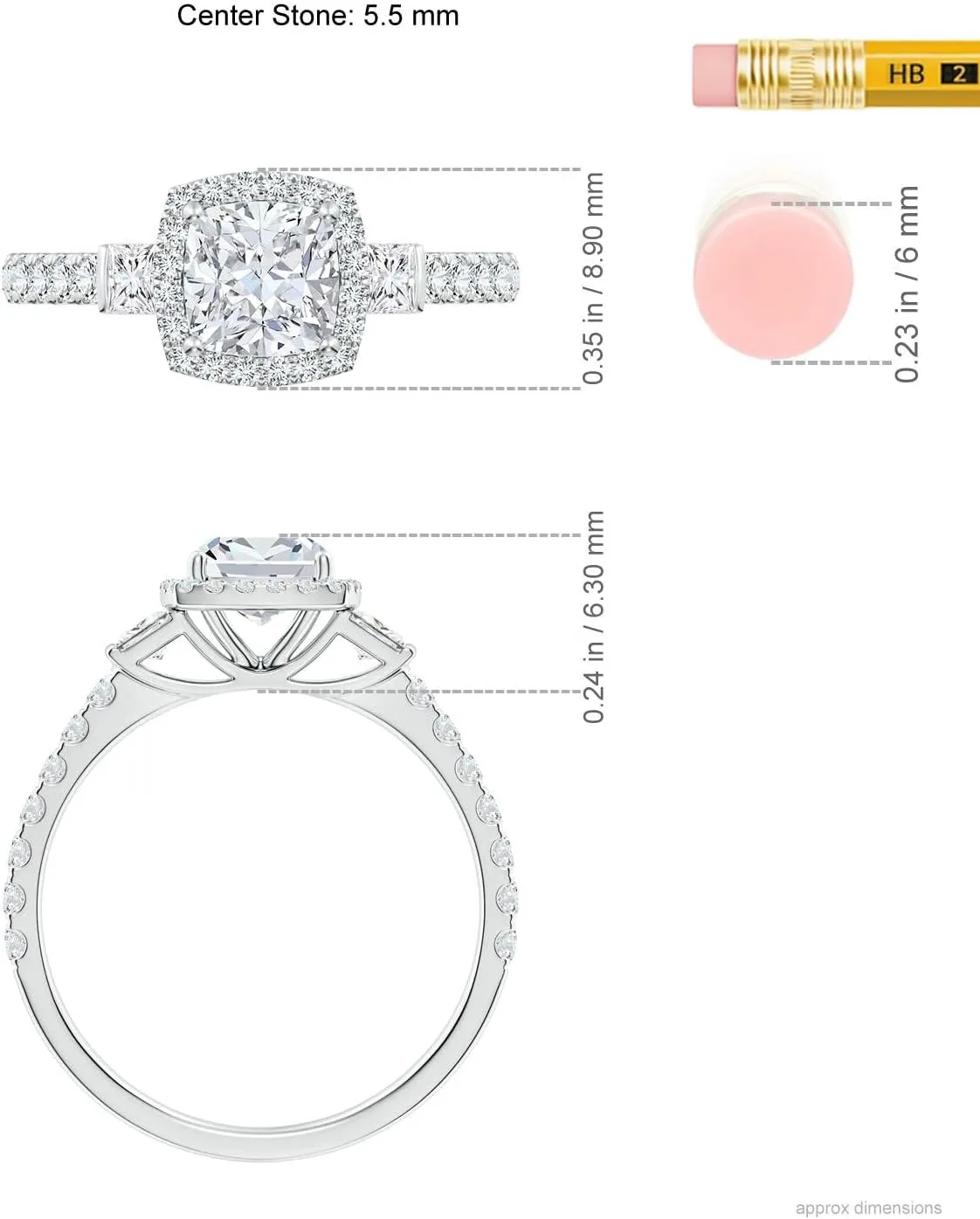 Angara Lab Grown Cushion Diamond Side Stone Halo Engagement Ring in Silver / 14K Solid Gold/Platinum | April Birthstone, Birthday, Anniversary, Wedding Jewelry Gift for Women
