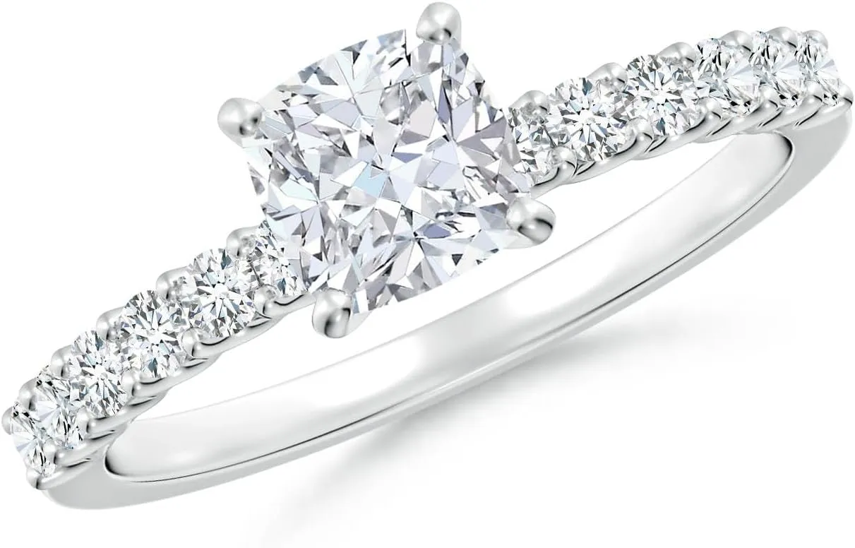 Angara Lab Grown Cushion Diamond Solitaire Engagement Ring with Diamond Accents in Silver / 14K Solid Gold/Platinum | April Birthstone, Birthday, Anniversary, Wedding Jewelry Gift for Women