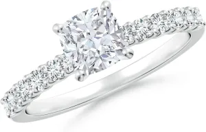 Angara Lab Grown Cushion Diamond Solitaire Engagement Ring with Diamond Accents in Silver / 14K Solid Gold/Platinum | April Birthstone, Birthday, Anniversary, Wedding Jewelry Gift for Women