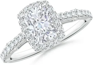Angara Lab Grown Cushion Rectangular Diamond Station Halo Engagement Ring in Silver / 14K Solid Gold/Platinum | April Birthstone, Birthday, Anniversary, Wedding Jewelry Gift for Women