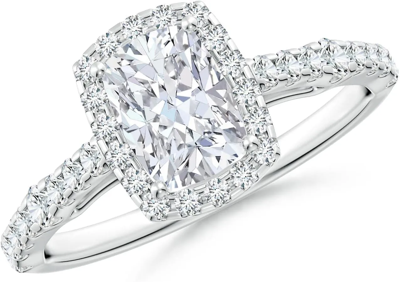 Angara Lab Grown Cushion Rectangular Diamond Station Halo Engagement Ring in Silver / 14K Solid Gold/Platinum | April Birthstone, Birthday, Anniversary, Wedding Jewelry Gift for Women