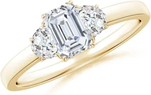 Angara Lab Grown Emerald-Cut and Half Moon Diamond Three Stone Ring in Silver / 14K Solid Gold/Platinum | April Birthstone, Birthday, Engagement, Anniversary, Wedding Jewelry Gift for Women