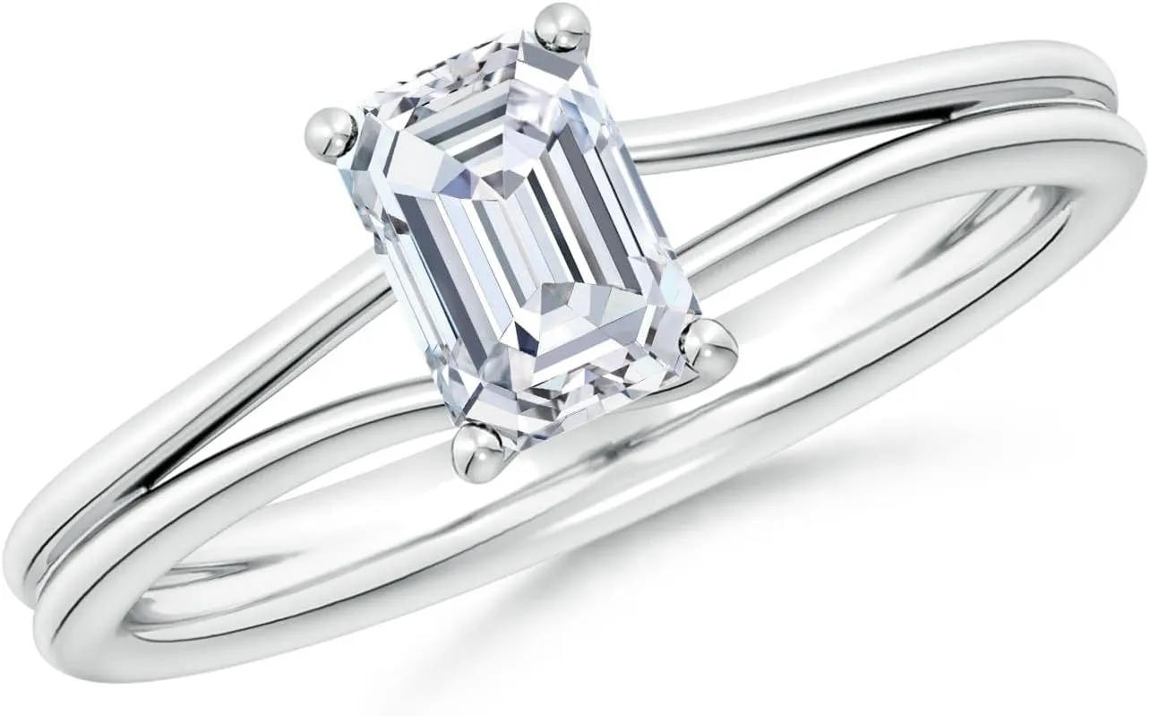Angara Lab Grown Emerald-Cut Diamond Double Shank Solitaire Engagement Ring in Silver / 14K Solid Gold/Platinum | April Birthstone, Birthday, Anniversary, Wedding Jewelry Gift for Women
