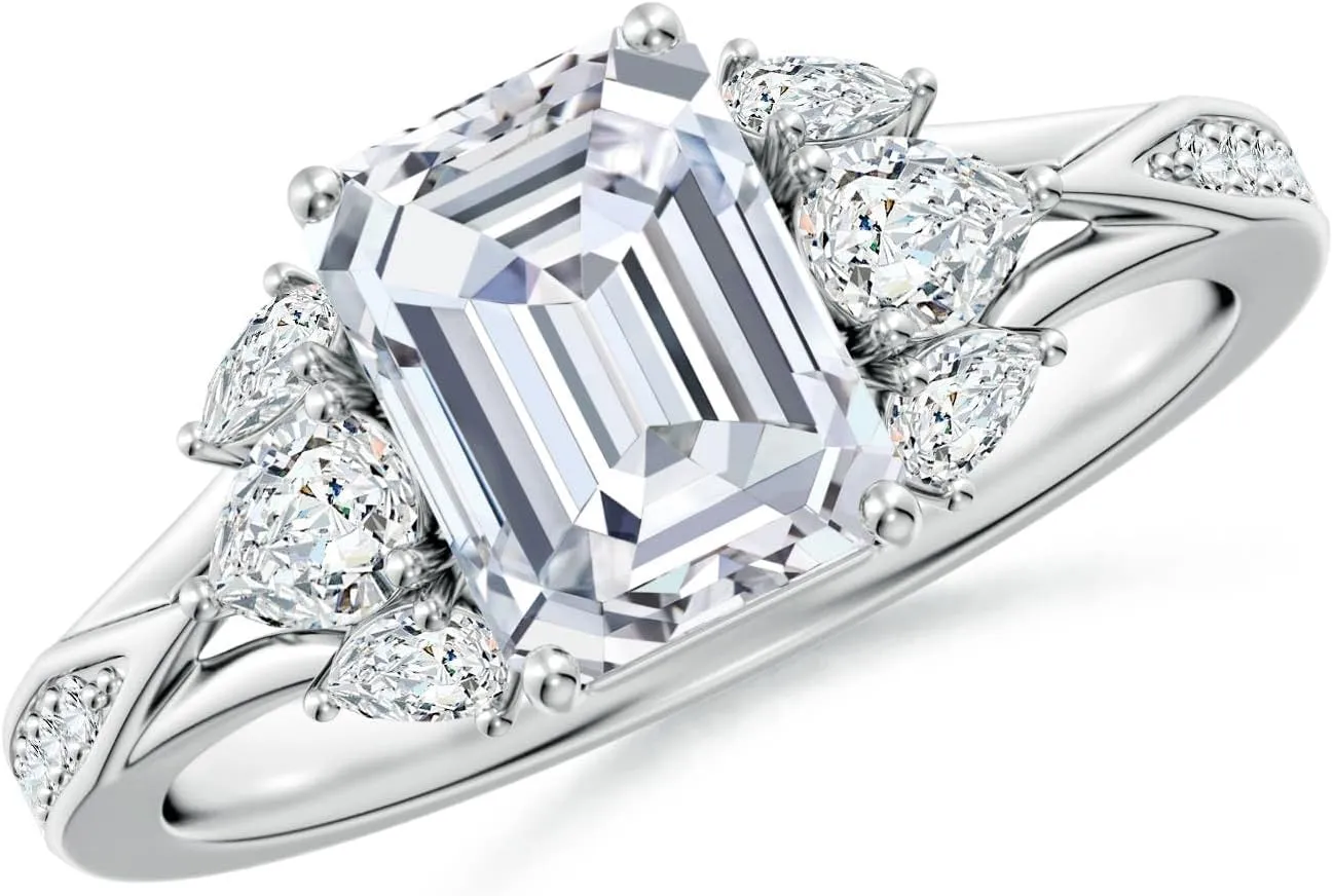 Angara Lab Grown Emerald-Cut Diamond Engagement Ring with Pear Accents in 14K Solid Gold/Platinum | April Birthstone, Birthday, Anniversary, Wedding Jewelry Gift for Women