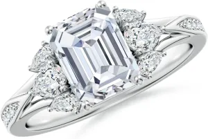 Angara Lab Grown Emerald-Cut Diamond Engagement Ring with Pear Accents in 14K Solid Gold/Platinum | April Birthstone, Birthday, Anniversary, Wedding Jewelry Gift for Women