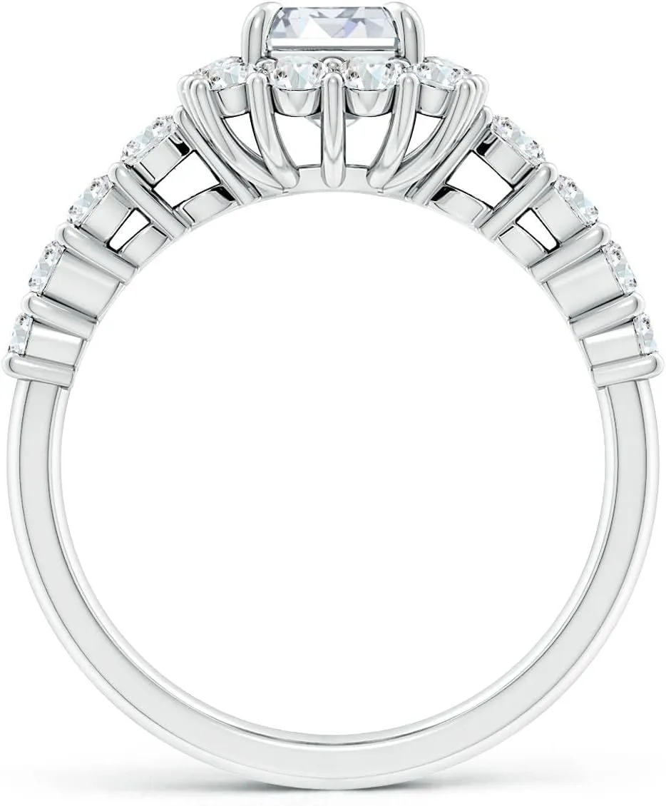 Angara Lab Grown Emerald-Cut Diamond Floral Halo Engagement Ring in Silver / 14K Solid Gold/Platinum | April Birthstone, Birthday, Anniversary, Wedding Jewelry Gift for Women