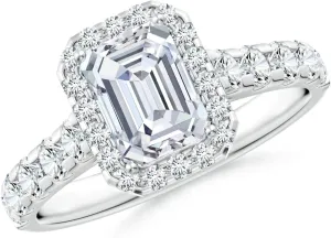 Angara Lab Grown Emerald-Cut Diamond Halo Engagement Ring in Silver / 14K Solid Gold/Platinum | April Birthstone, Birthday, Anniversary, Wedding Jewelry Gift for Women