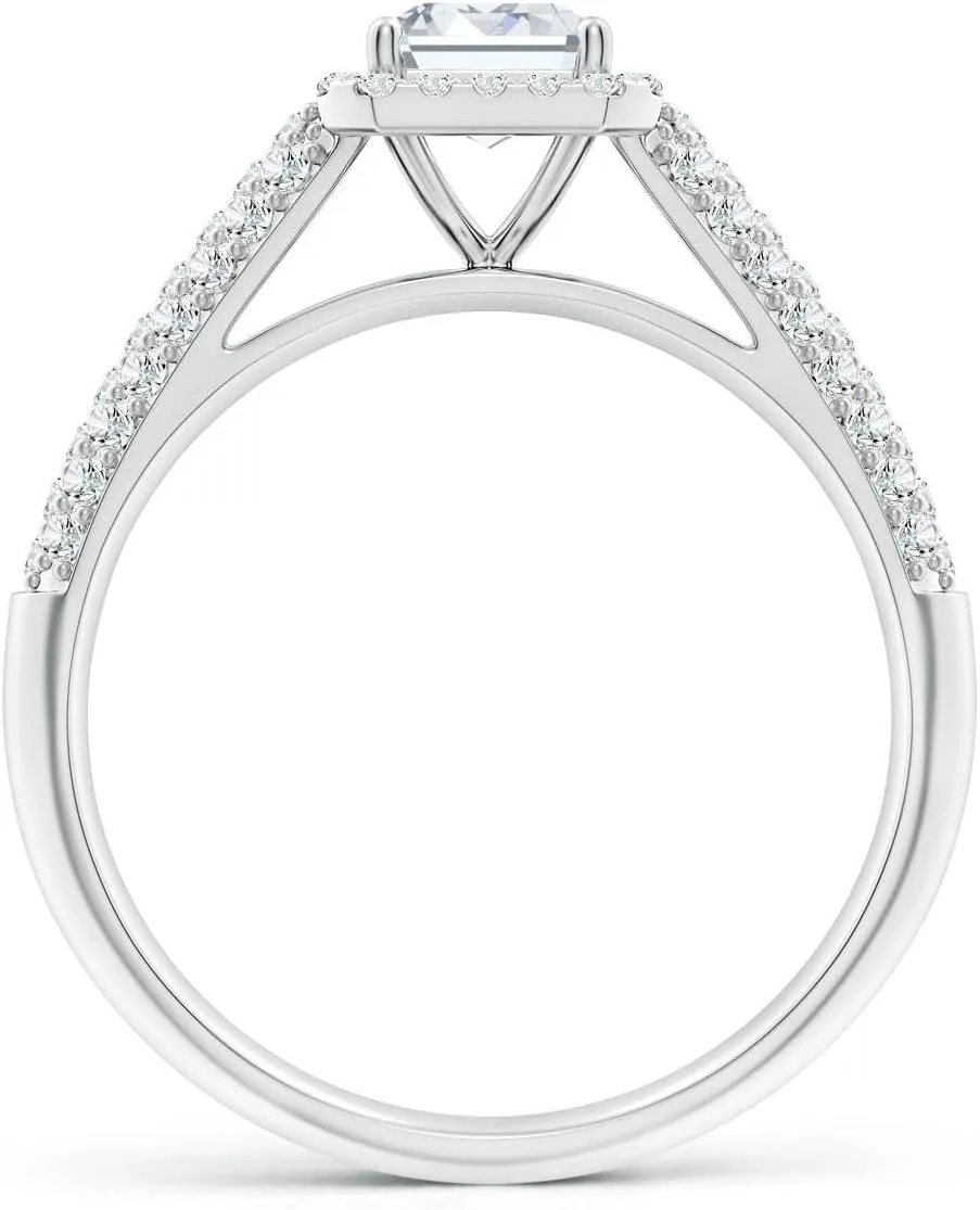 Angara Lab Grown Emerald-Cut Diamond Halo Engagement Ring with Pave-Set Accents in Silver / 14K Solid Gold/Platinum | April Birthstone, Birthday, Anniversary, Wedding Jewelry Gift for Women