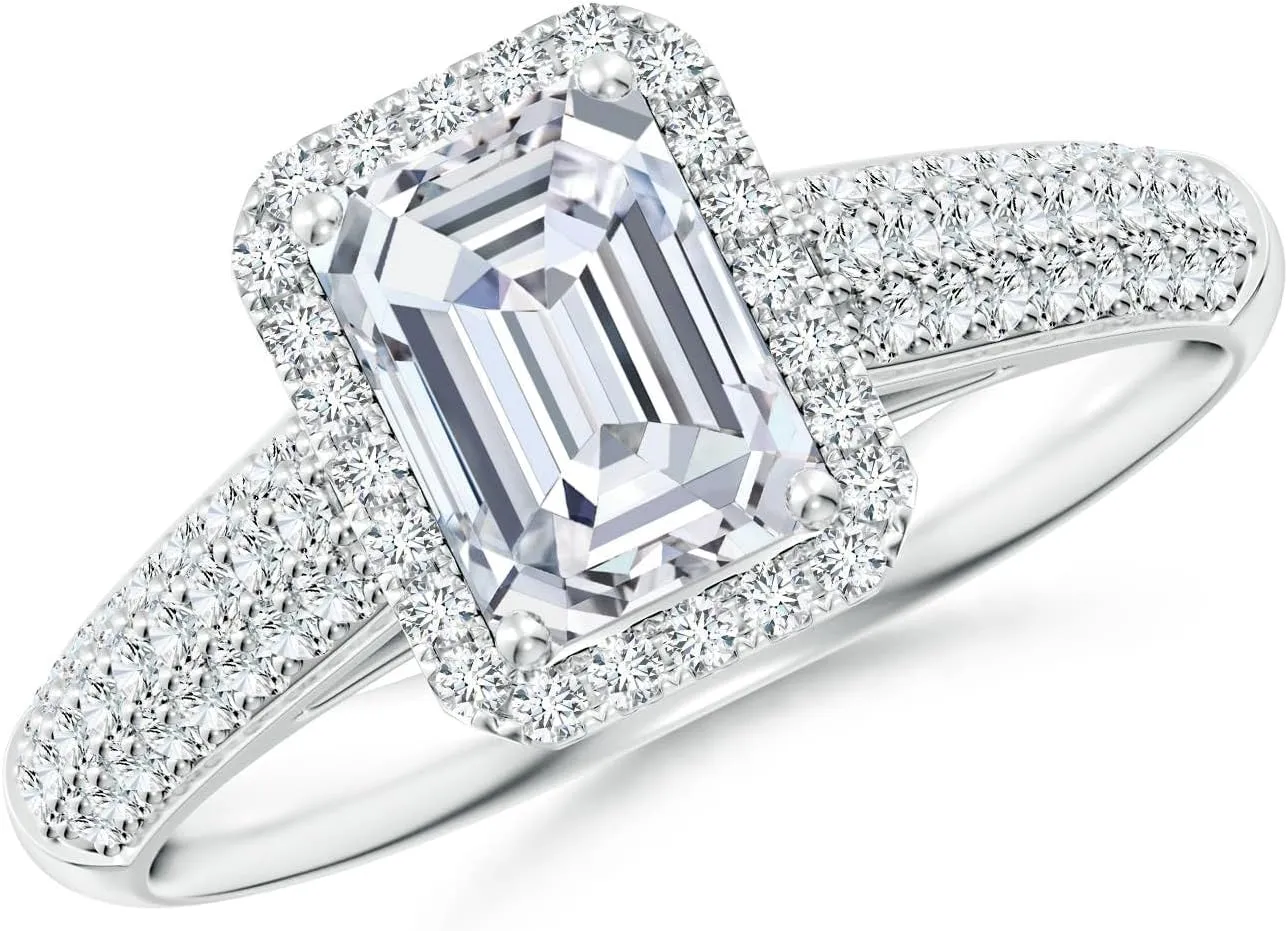 Angara Lab Grown Emerald-Cut Diamond Halo Engagement Ring with Pave-Set Accents in Silver / 14K Solid Gold/Platinum | April Birthstone, Birthday, Anniversary, Wedding Jewelry Gift for Women