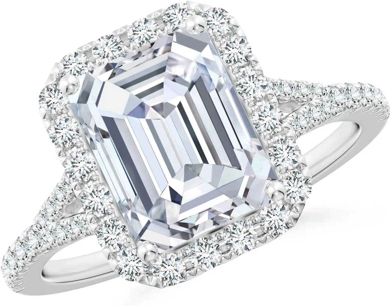 Angara Lab Grown Emerald-Cut Diamond Halo Split Shank Engagement Ring in Silver / 14K Solid Gold/Platinum | April Birthstone, Birthday, Anniversary, Wedding Jewelry Gift for Women