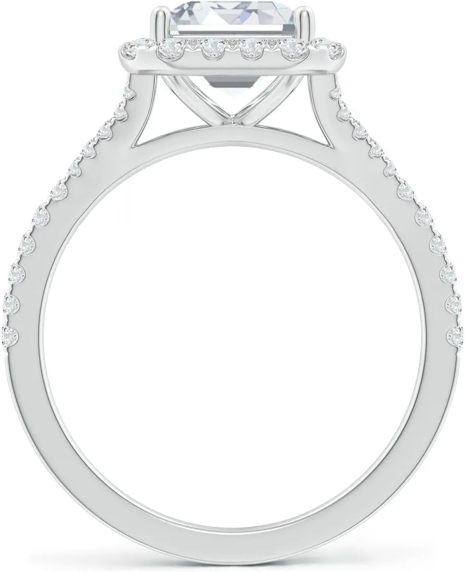 Angara Lab Grown Emerald-Cut Diamond Halo Split Shank Engagement Ring in Silver / 14K Solid Gold/Platinum | April Birthstone, Birthday, Anniversary, Wedding Jewelry Gift for Women