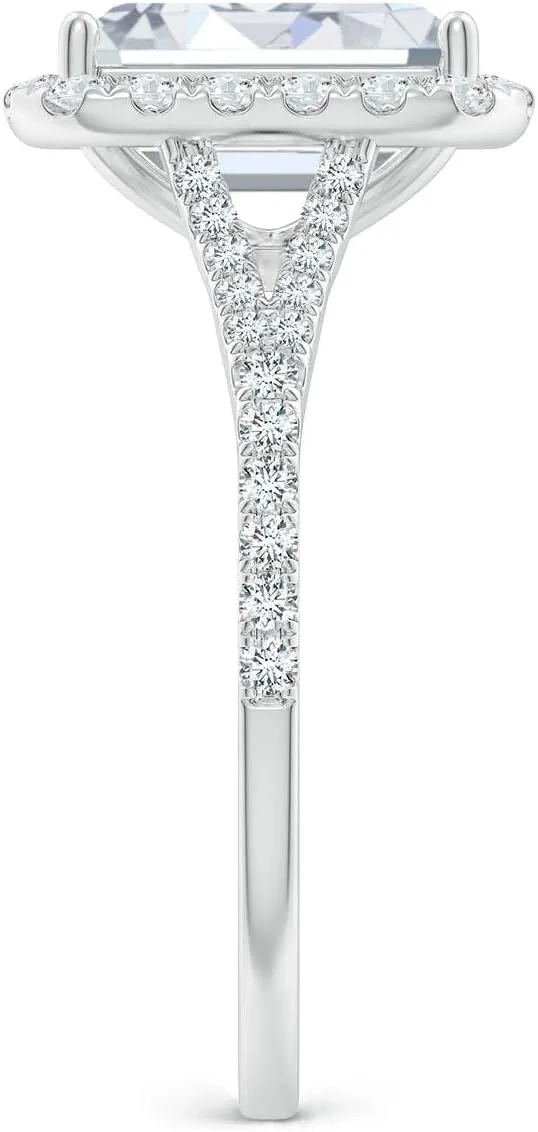 Angara Lab Grown Emerald-Cut Diamond Halo Split Shank Engagement Ring in Silver / 14K Solid Gold/Platinum | April Birthstone, Birthday, Anniversary, Wedding Jewelry Gift for Women