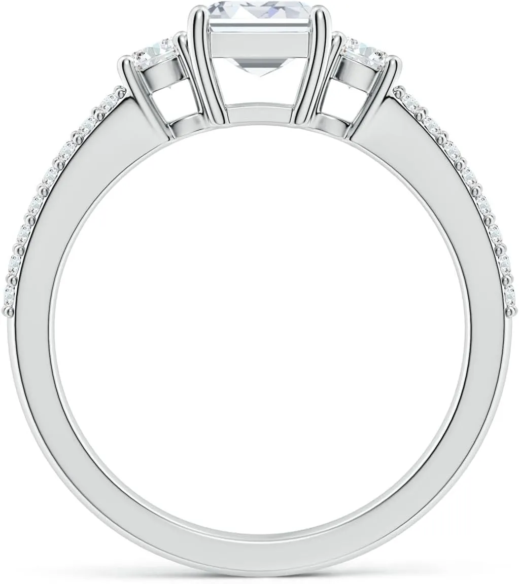 Angara Lab Grown Emerald-Cut Diamond Side Stone Knife-Edge Shank Engagement Ring in Silver / 14K Solid Gold/Platinum | April Birthstone, Birthday, Anniversary, Wedding Jewelry Gift for Women
