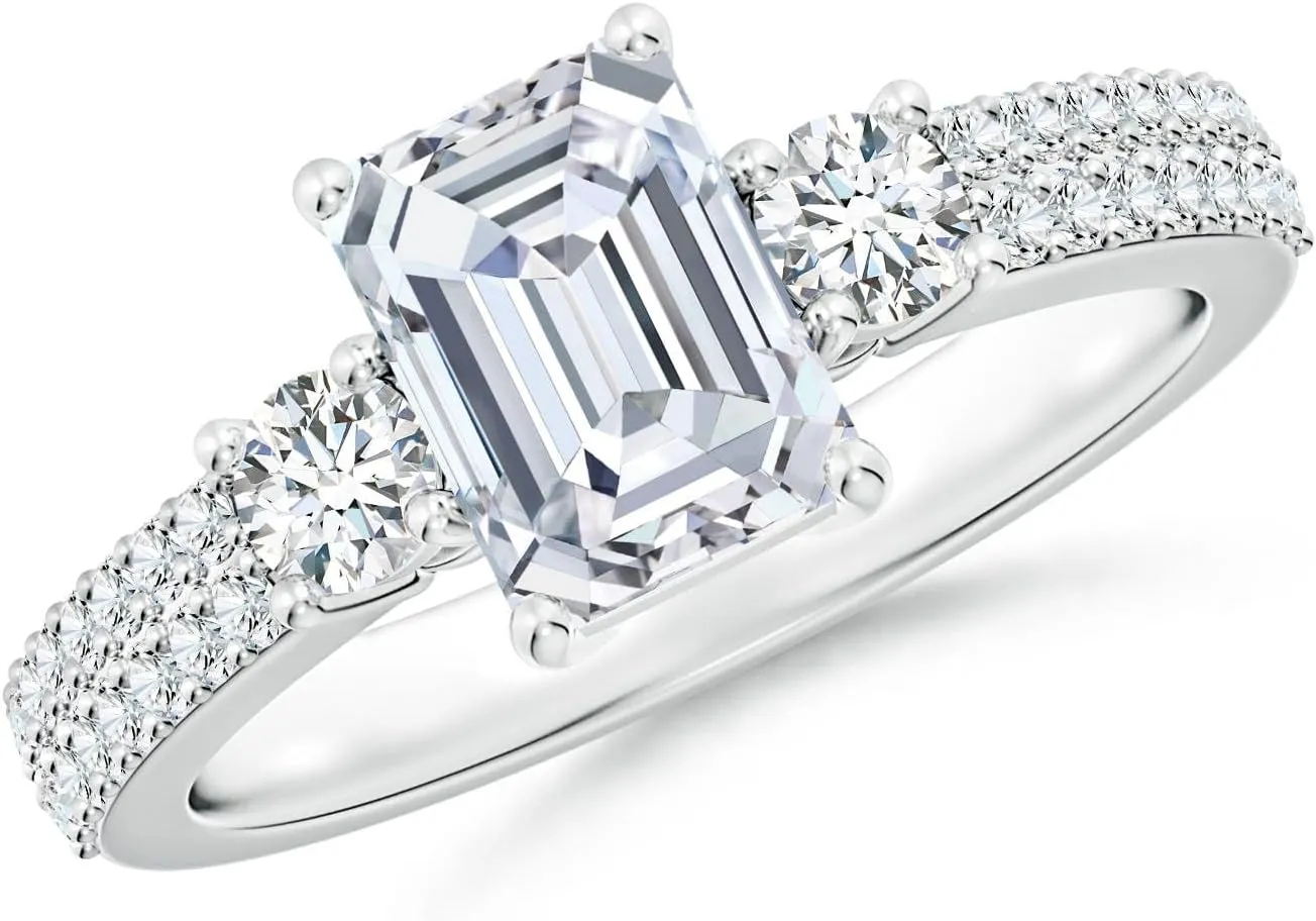 Angara Lab Grown Emerald-Cut Diamond Side Stone Knife-Edge Shank Engagement Ring in Silver / 14K Solid Gold/Platinum | April Birthstone, Birthday, Anniversary, Wedding Jewelry Gift for Women