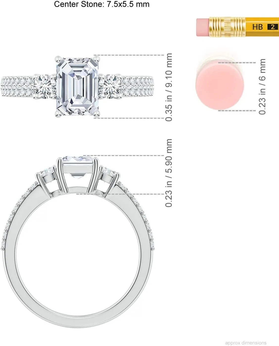Angara Lab Grown Emerald-Cut Diamond Side Stone Knife-Edge Shank Engagement Ring in Silver / 14K Solid Gold/Platinum | April Birthstone, Birthday, Anniversary, Wedding Jewelry Gift for Women