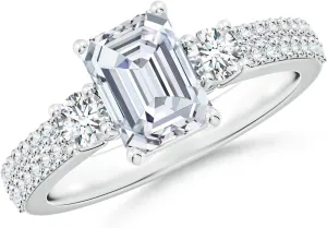 Angara Lab Grown Emerald-Cut Diamond Side Stone Knife-Edge Shank Engagement Ring in Silver / 14K Solid Gold/Platinum | April Birthstone, Birthday, Anniversary, Wedding Jewelry Gift for Women