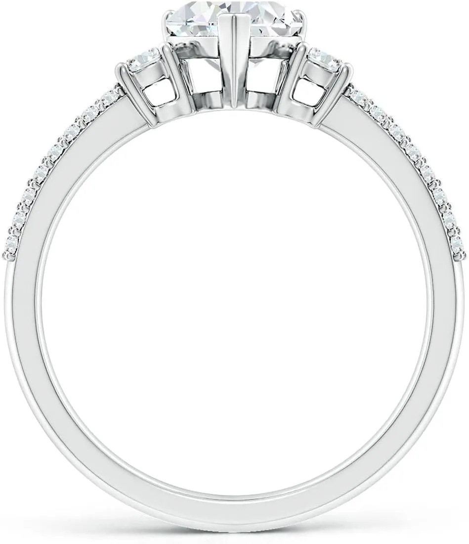 Angara Lab Grown Heart Diamond Side Stone Knife-Edge Shank Engagement Ring in Silver / 14K Solid Gold/Platinum | April Birthstone, Birthday, Anniversary, Wedding Jewelry Gift for Women