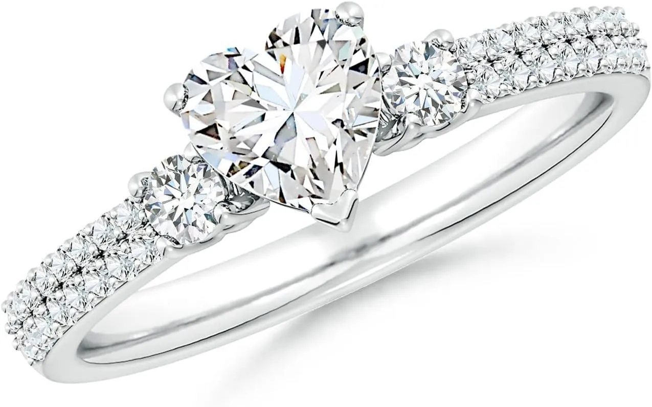 Angara Lab Grown Heart Diamond Side Stone Knife-Edge Shank Engagement Ring in Silver / 14K Solid Gold/Platinum | April Birthstone, Birthday, Anniversary, Wedding Jewelry Gift for Women
