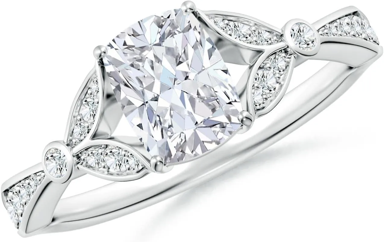 Angara Lab Grown Nature-Inspired Cushion Rectangular Diamond Engagement Ring with Leaf Motifs in 14K Solid Gold/Platinum | April Birthstone, Birthday, Anniversary, Wedding Jewelry Gift for Women