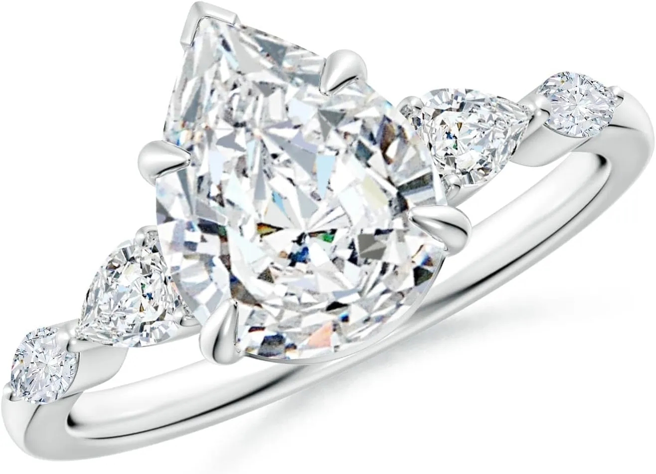 Angara Lab Grown Pear-Shaped Diamond Side Stone Engagement Ring in Silver / 14K Solid Gold/Platinum | April Birthstone, Birthday, Anniversary, Wedding Jewelry Gift for Women