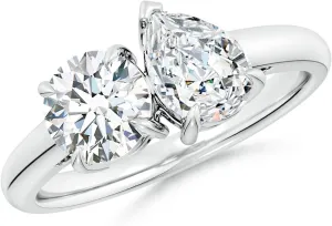 Angara Lab Grown Round & Pear Diamond Two-Stone Engagement Ring in Silver / 14K Solid Gold/Platinum | April Birthstone, Birthday, Anniversary, Wedding Jewelry Gift for Women