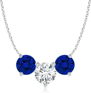 Angara Lab Grown Round and Blue Sapphire Diamond Three Stone Necklace in 14K Solid Gold/Platinum | April Birthstone, Birthday, Engagement, Anniversary, Wedding Jewelry Gift for Women