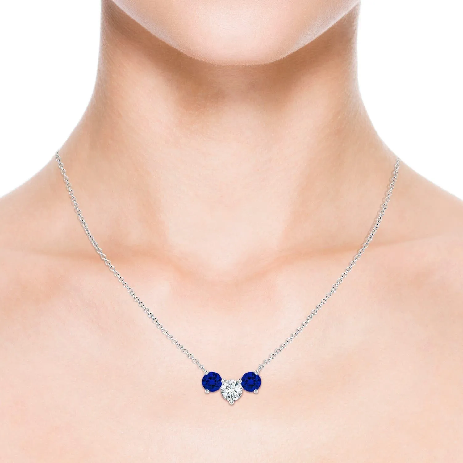 Angara Lab Grown Round and Blue Sapphire Diamond Three Stone Necklace in 14K Solid Gold/Platinum | April Birthstone, Birthday, Engagement, Anniversary, Wedding Jewelry Gift for Women
