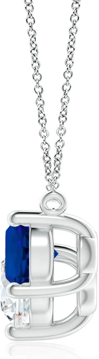 Angara Lab Grown Round and Blue Sapphire Diamond Three Stone Necklace in 14K Solid Gold/Platinum | April Birthstone, Birthday, Engagement, Anniversary, Wedding Jewelry Gift for Women