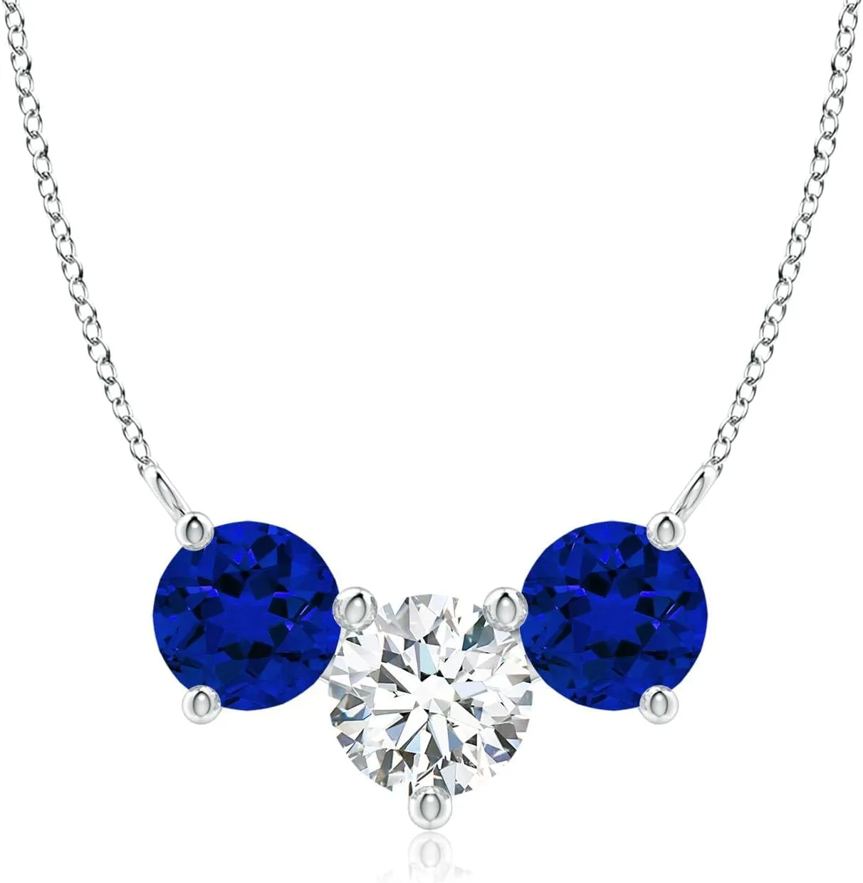 Angara Lab Grown Round and Blue Sapphire Diamond Three Stone Necklace in 14K Solid Gold/Platinum | April Birthstone, Birthday, Engagement, Anniversary, Wedding Jewelry Gift for Women
