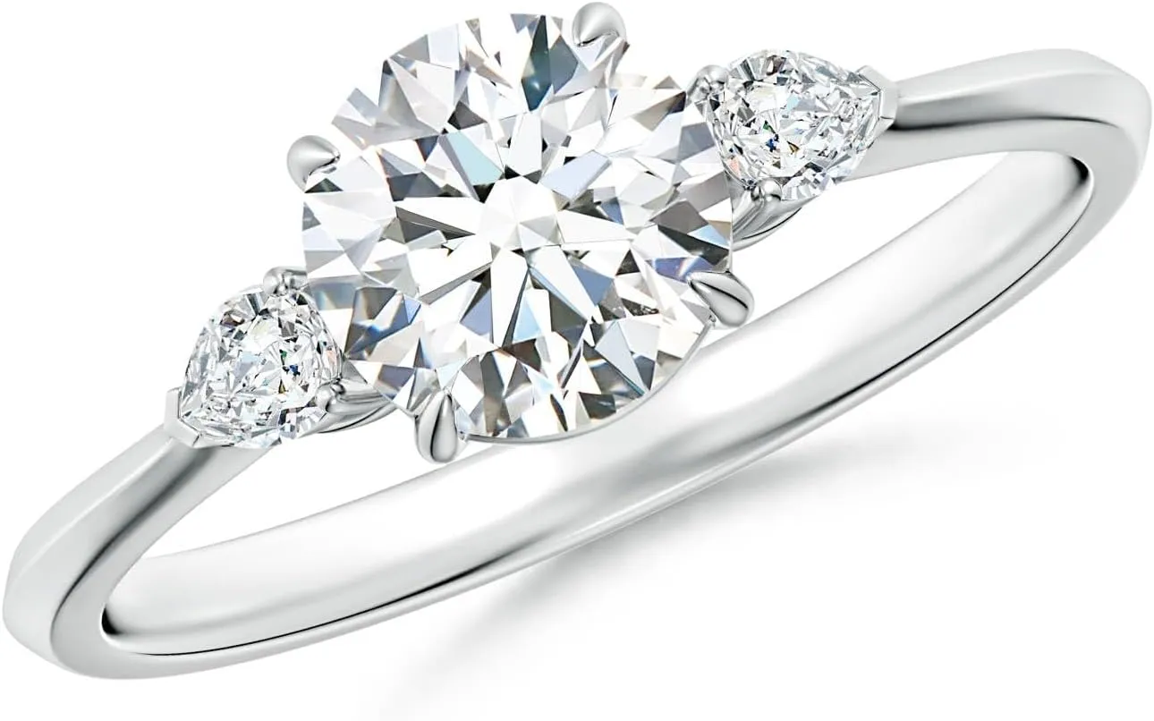 Angara Lab Grown Round and Pear Diamond Three Stone Engagement Ring in Silver / 14K Solid Gold/Platinum | April Birthstone, Birthday, Anniversary, Wedding Jewelry Gift for Women