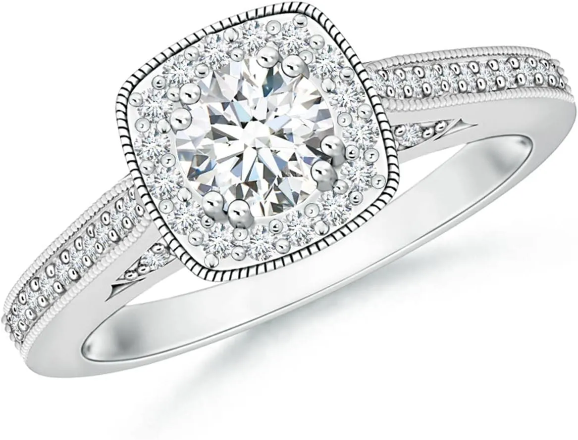 Angara Lab Grown Round Diamond Cushion Halo Ring with Milgrain in Silver / 14K Solid Gold/Platinum | April Birthstone, Birthday, Engagement, Anniversary, Wedding Jewelry Gift for Women