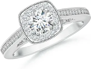 Angara Lab Grown Round Diamond Cushion Halo Ring with Milgrain in Silver / 14K Solid Gold/Platinum | April Birthstone, Birthday, Engagement, Anniversary, Wedding Jewelry Gift for Women
