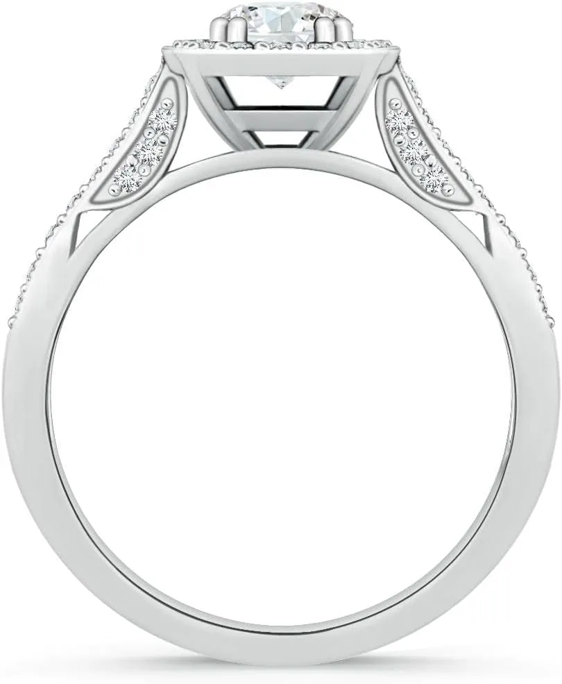 Angara Lab Grown Round Diamond Cushion Halo Ring with Milgrain in Silver / 14K Solid Gold/Platinum | April Birthstone, Birthday, Engagement, Anniversary, Wedding Jewelry Gift for Women