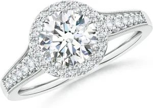 Angara Lab Grown Round Diamond Halo Engagement Ring with Milgrain in Silver / 14K Solid Gold/Platinum | April Birthstone, Birthday, Anniversary, Wedding Jewelry Gift for Women