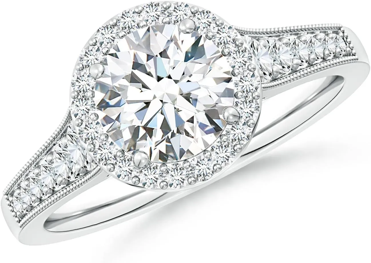 Angara Lab Grown Round Diamond Halo Engagement Ring with Milgrain in Silver / 14K Solid Gold/Platinum | April Birthstone, Birthday, Anniversary, Wedding Jewelry Gift for Women