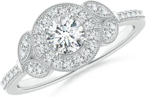 Angara Lab Grown Round Diamond Halo Leaf Shank Engagement Ring in 14K Solid Gold/Platinum | April Birthstone, Birthday, Anniversary, Wedding Jewelry Gift for Women