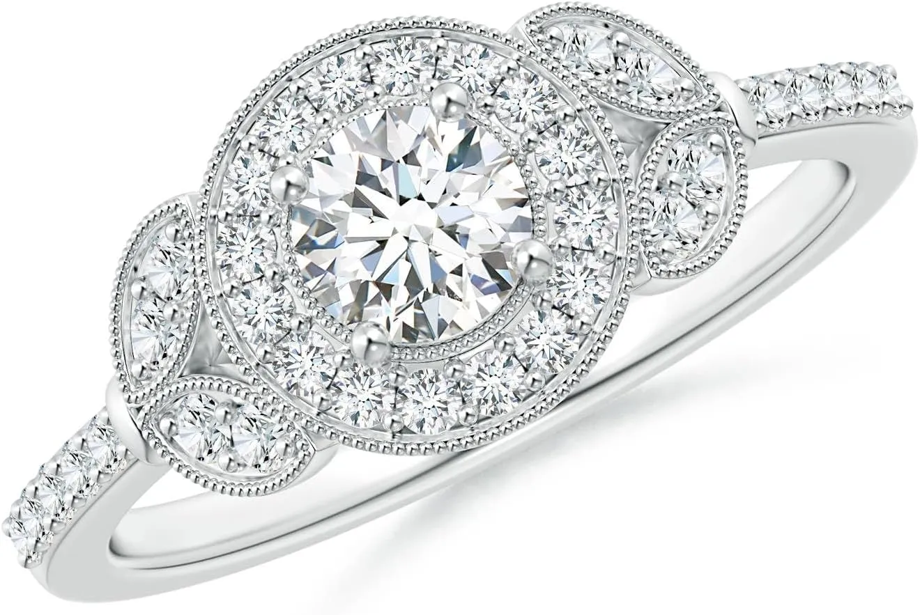 Angara Lab Grown Round Diamond Halo Leaf Shank Engagement Ring in 14K Solid Gold/Platinum | April Birthstone, Birthday, Anniversary, Wedding Jewelry Gift for Women