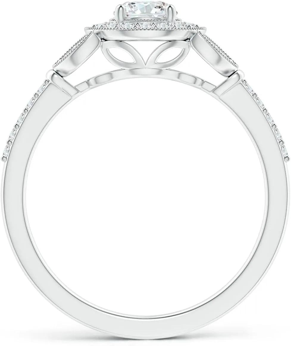 Angara Lab Grown Round Diamond Halo Leaf Shank Engagement Ring in 14K Solid Gold/Platinum | April Birthstone, Birthday, Anniversary, Wedding Jewelry Gift for Women