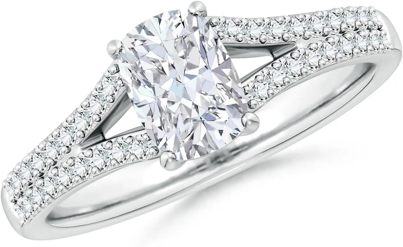 Angara Lab Grown Solitaire Cushion Rectangular Diamond Split Shank Engagement Ring in Silver / 14K Solid Gold/Platinum | April Birthstone, Birthday, Anniversary, Wedding Jewelry Gift for Women