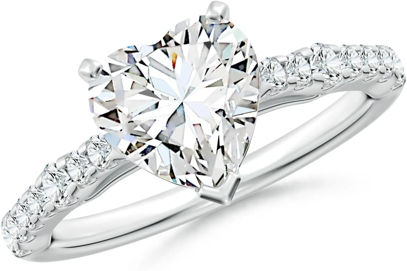 Angara Lab Grown Solitaire Heart Diamond Station Engagement Ring in Silver / 14K Solid Gold/Platinum | April Birthstone, Birthday, Anniversary, Wedding Jewelry Gift for Women