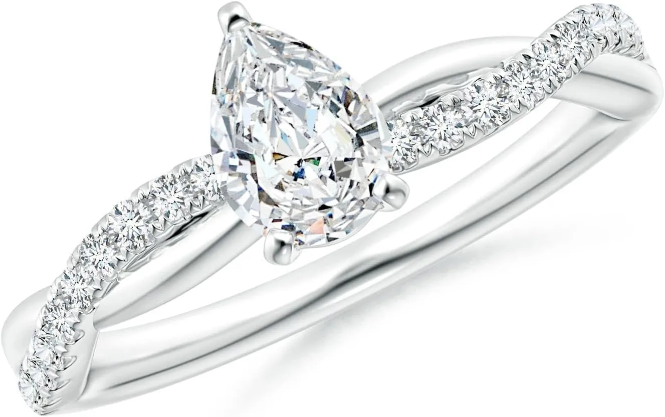 Angara Lab Grown Solitaire Pear-Shaped Diamond Twisted Shank Engagement Ring in 14K Solid Gold/Platinum | April Birthstone, Birthday, Anniversary, Wedding Jewelry Gift for Women