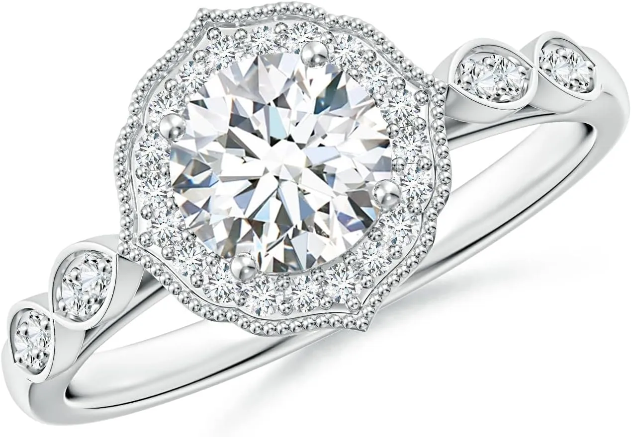 Angara Lab Grown Vintage Inspired Round Diamond Ornate Halo Engagement Ring in Silver / 14K Solid Gold/Platinum | April Birthstone, Birthday, Anniversary, Wedding Jewelry Gift for Women