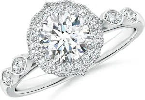 Angara Lab Grown Vintage Inspired Round Diamond Ornate Halo Engagement Ring in Silver / 14K Solid Gold/Platinum | April Birthstone, Birthday, Anniversary, Wedding Jewelry Gift for Women