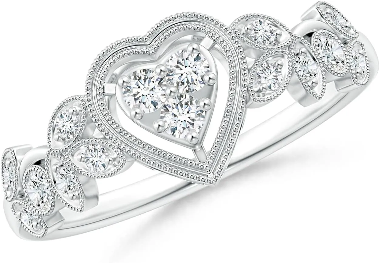 Angara Lab Grown Vintage Style Diamond Heart Ring with Leaf Motifs in Silver / 14K Solid Gold/Platinum | April Birthstone, Birthday, Engagement, Anniversary, Wedding Jewelry Gift for Women