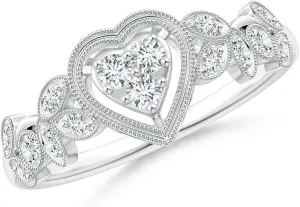 Angara Lab Grown Vintage Style Diamond Heart Ring with Leaf Motifs in Silver / 14K Solid Gold/Platinum | April Birthstone, Birthday, Engagement, Anniversary, Wedding Jewelry Gift for Women
