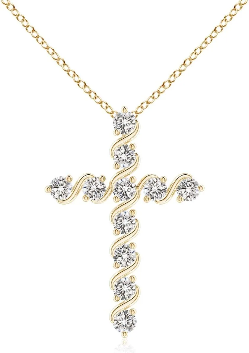 Angara Natural Prong and Bar Set Diamond Cross Pendant in 14K Solid Gold/Platinum | April Birthstone, Birthday, Engagement, Anniversary, Wedding Jewelry Gift for Women